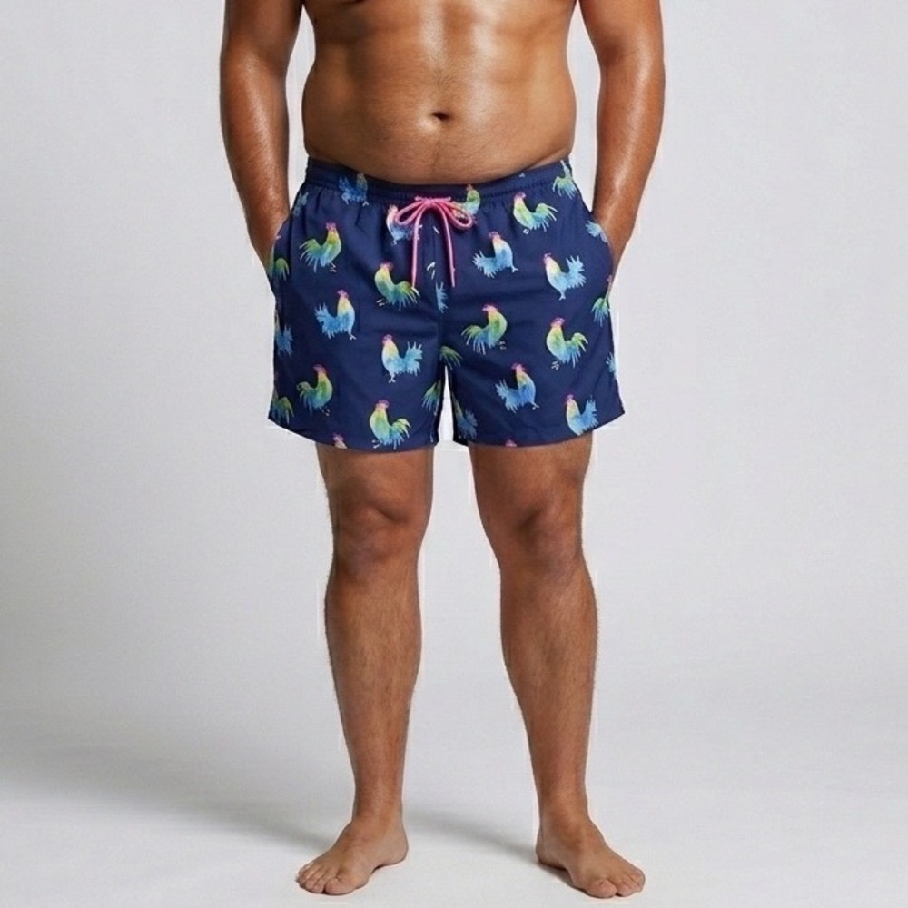 Chubbies Mens 3XL Rooster Print Swim Trunks Blue Pink Drawstring Board Shorts